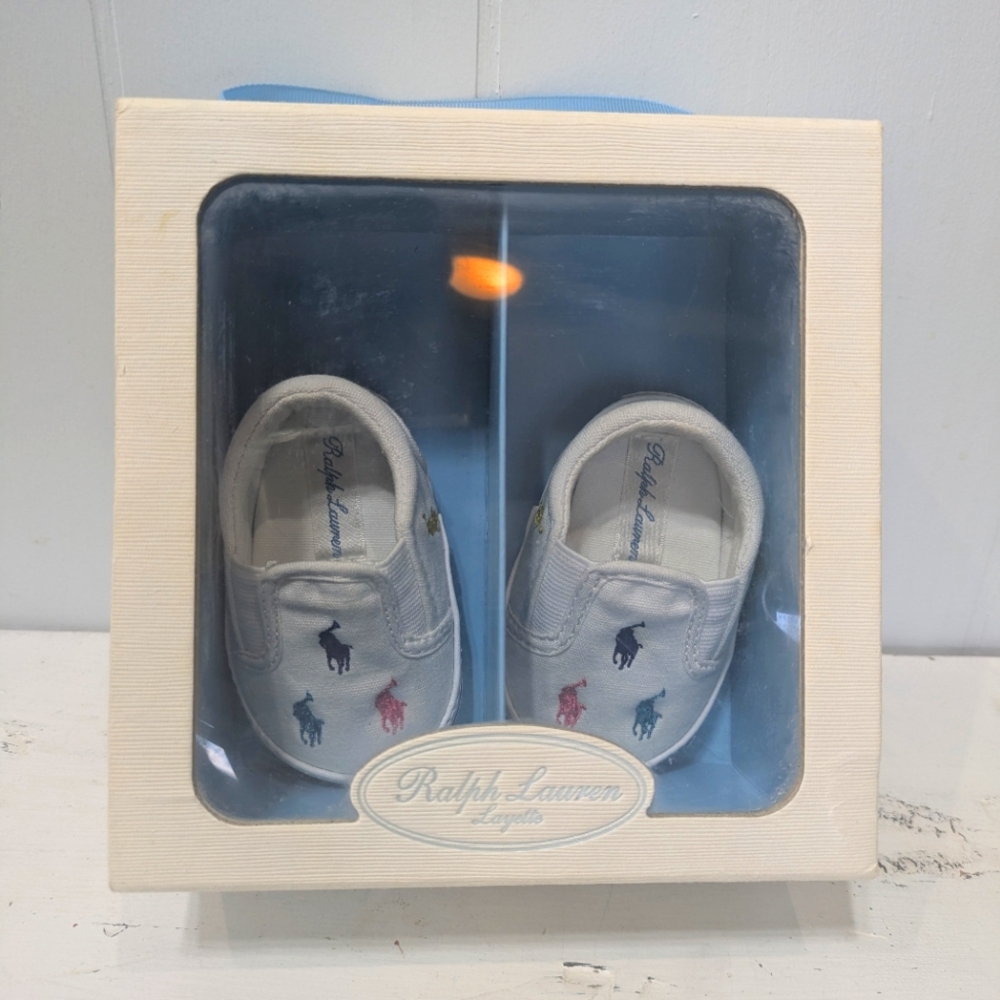 Polo by Ralph Lauren White Baby Slip-On Shoes with Multicolor Polo Logos